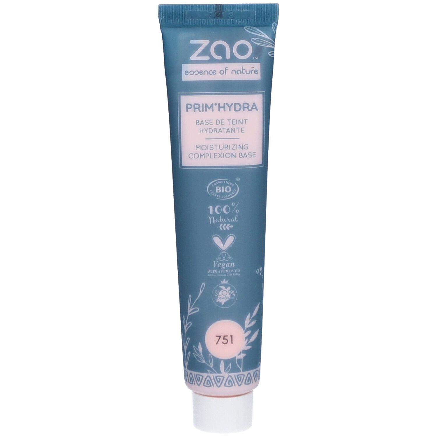 Blauw-witte tube PRIM'HYDRA. Tekst: ZAO, PRIM'HYDRA, Base de teint hydratante, 100% Natural, Vegan. Roze inhoud zichtbaar.