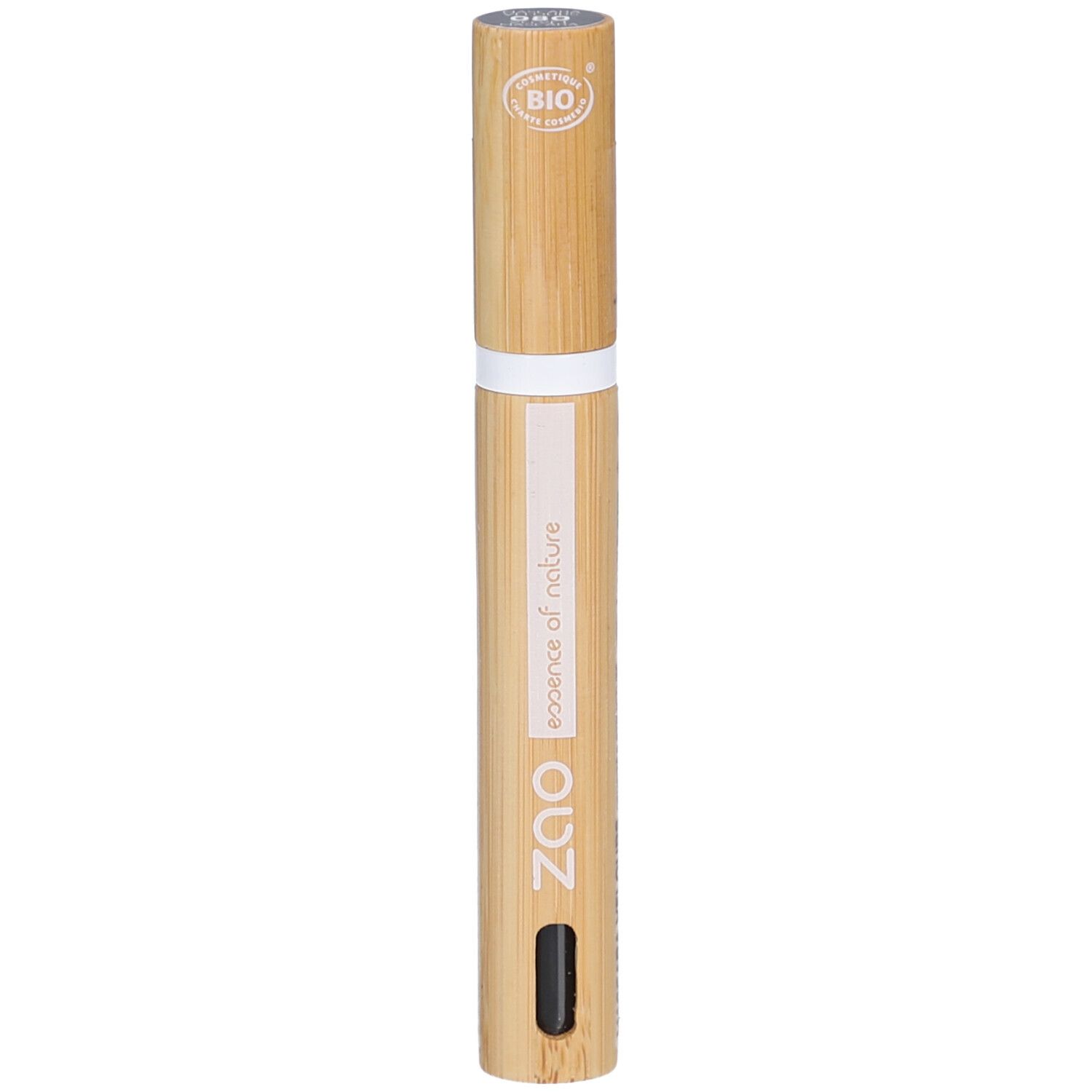 Zao mascara tube van bamboe. Witte streep, zwarte applicator. Opschrift: essence of nature, BIO-certificering.