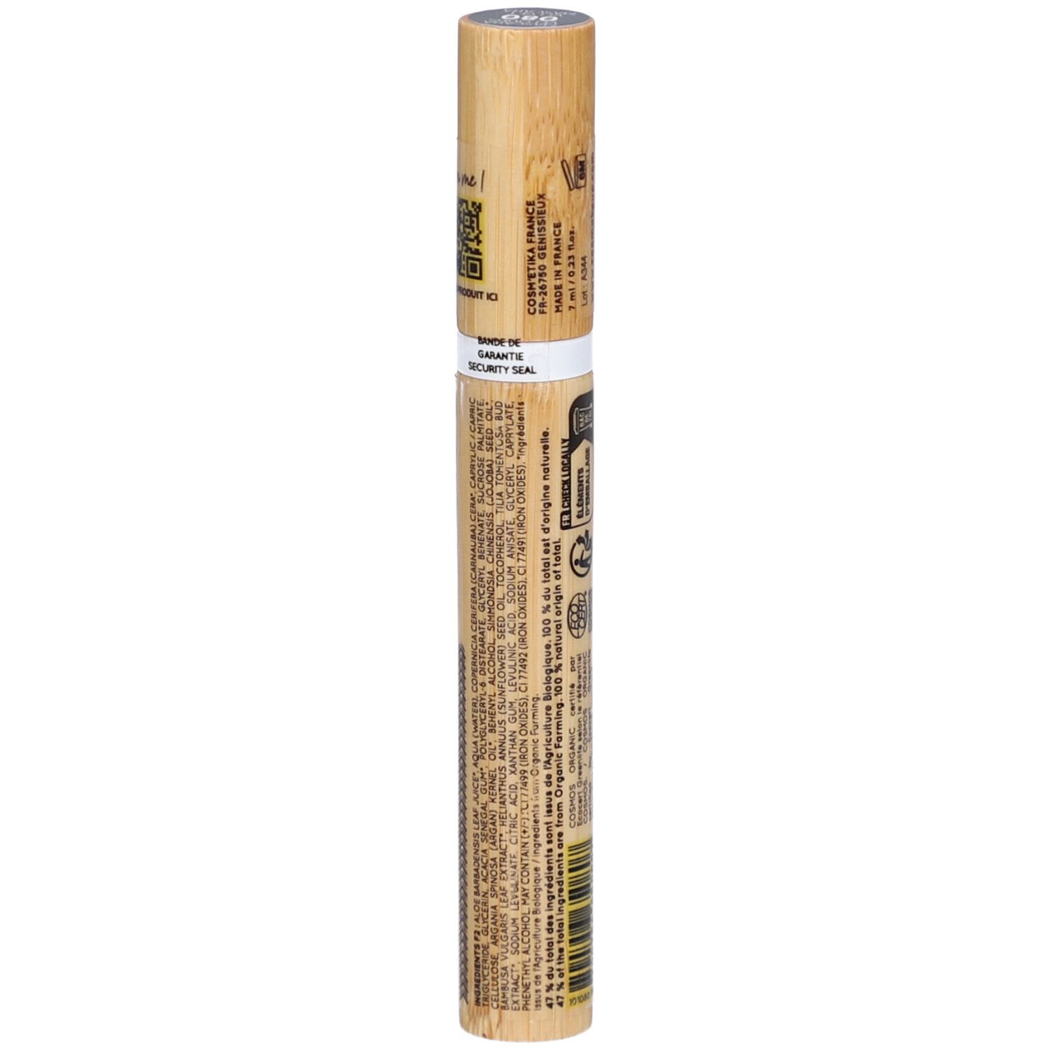 Zao mascara tube van bamboe. Opschriften: Garantie, veiligheidszegel, ingrediënten, herkomst Frankrijk.