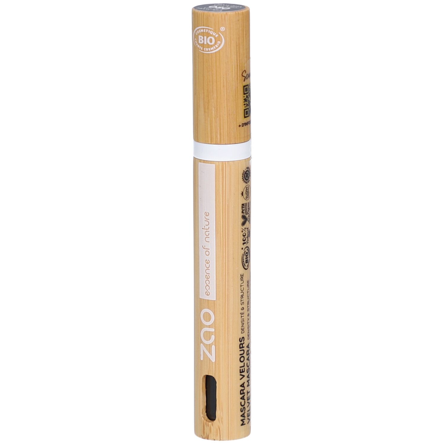 Zao mascara tube van bamboe. Opschriften: essence of nature, Mascara Velours, BIO-certificering, zwarte applicator.