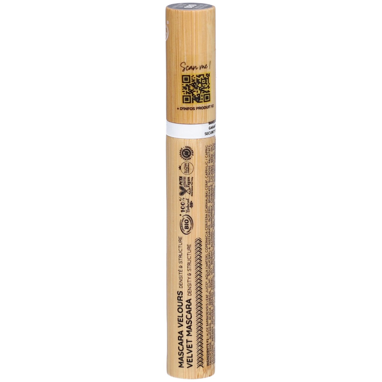 Zao mascara tube van bamboe. Opschriften: Mascara Velours, Velvet Mascara, BIO-certificering, QR-code.