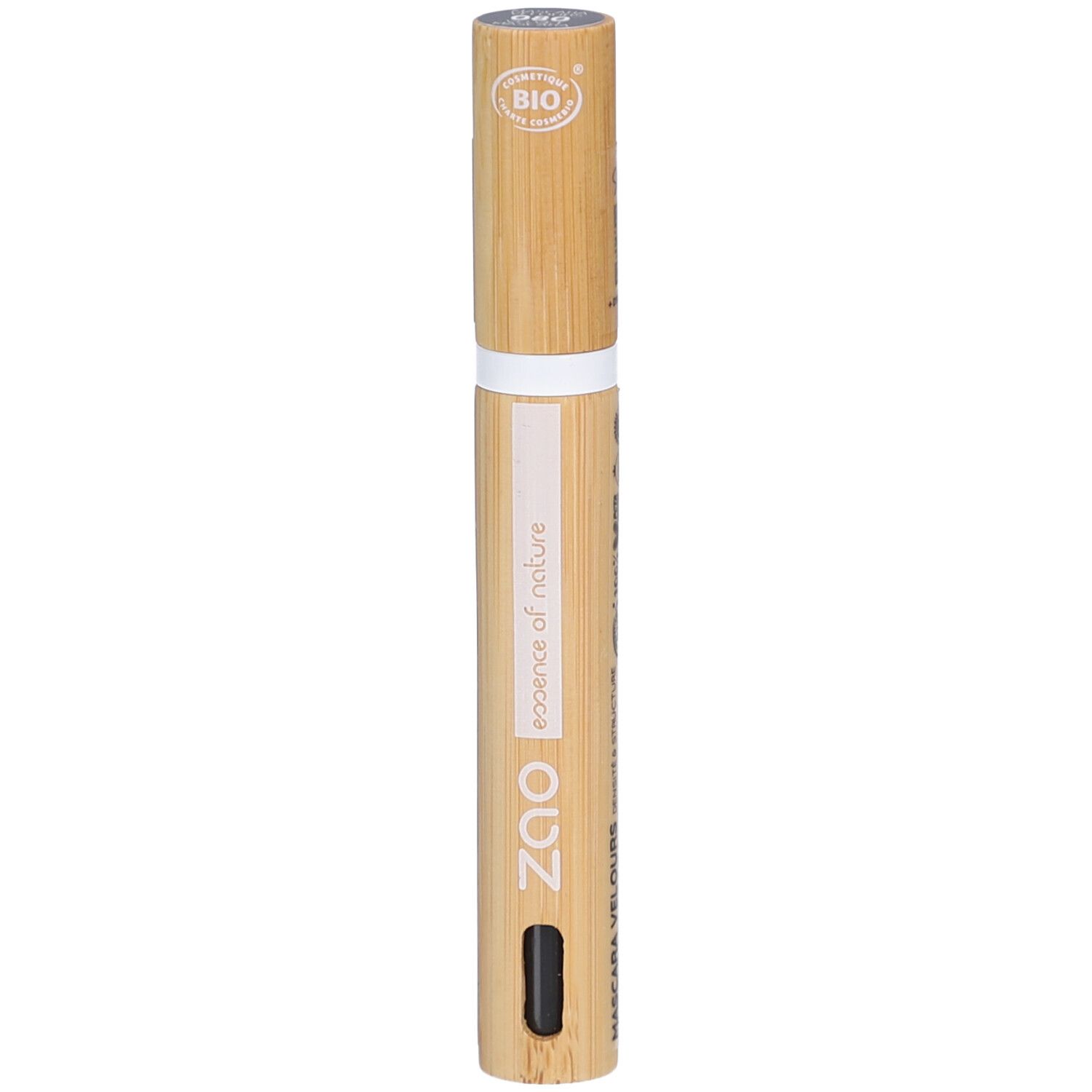Zao mascara tube van bamboe. Opschriften: essence of nature, Mascara Velours, BIO-certificering, zwarte applicator.