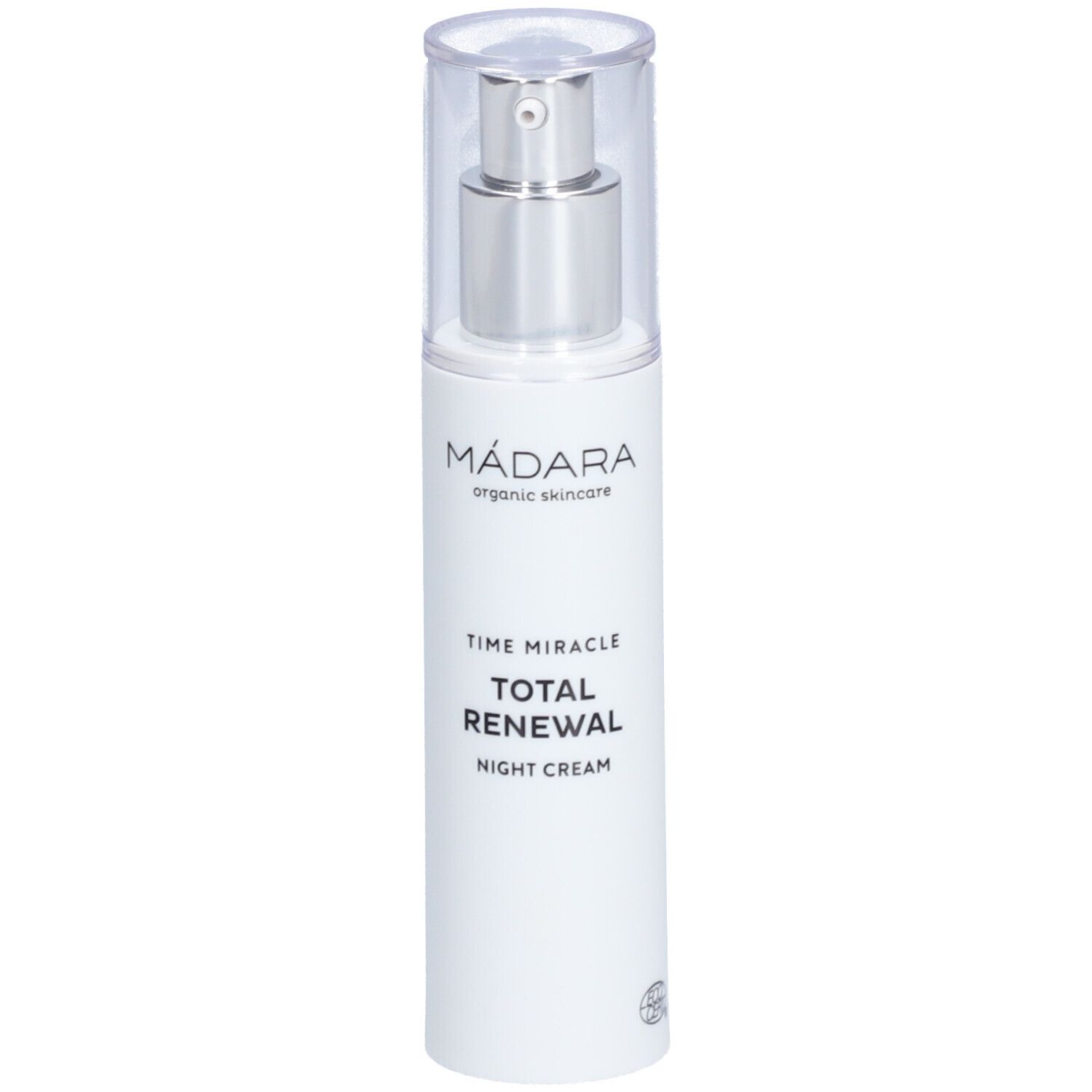 Witte fles met zilveren pomp en transparante dop. Opschrift: Mádara, TIME MIRACLE, TOTAL RENEWAL, NIGHT CREAM.