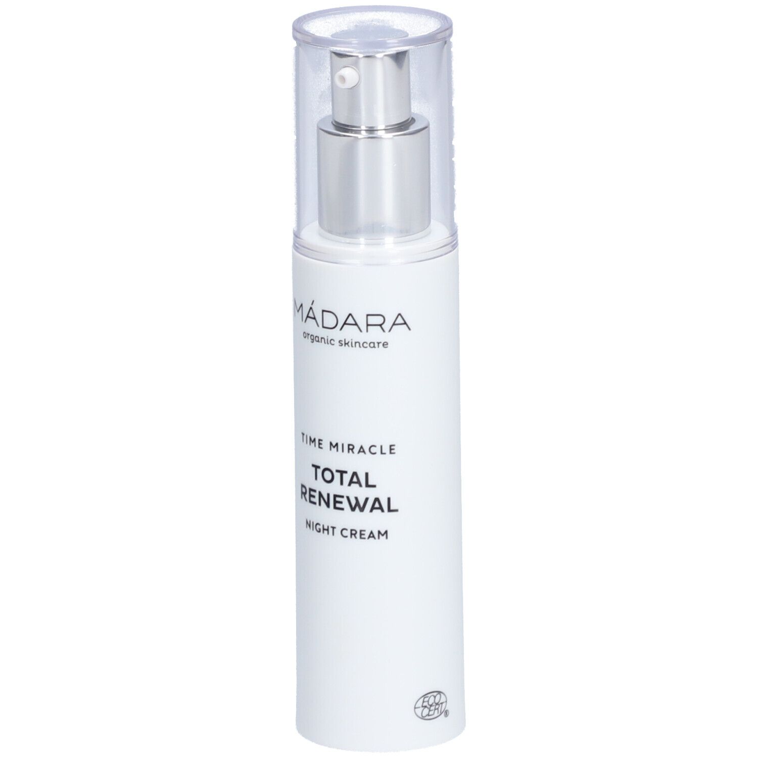 Witte fles met zilveren pomp en transparante dop. Opschrift: Mádara, TIME MIRACLE, TOTAL RENEWAL, NIGHT CREAM.