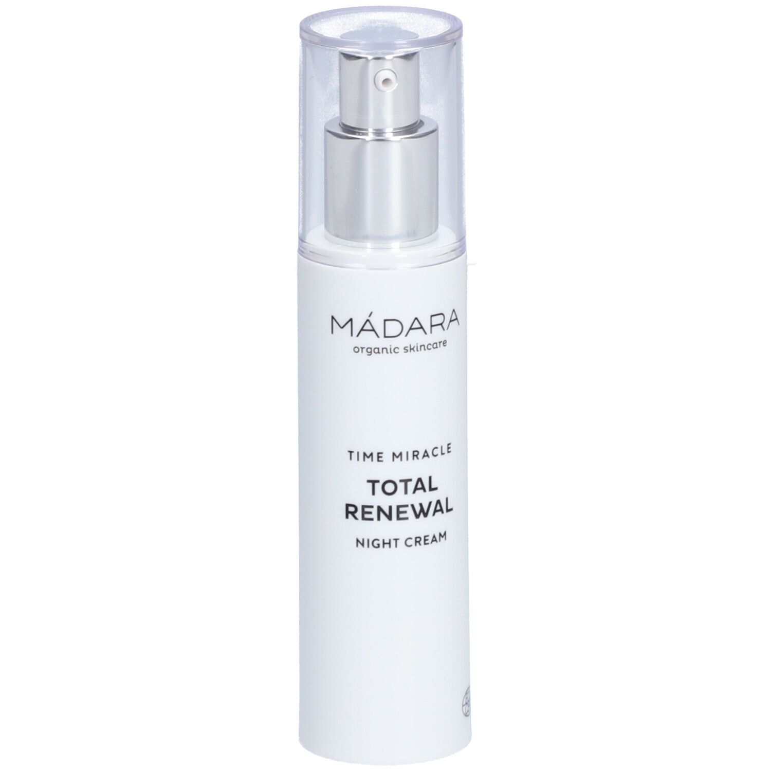 Witte fles met zilveren pomp en transparante dop. Opschrift: Mádara, TIME MIRACLE, TOTAL RENEWAL, NIGHT CREAM.