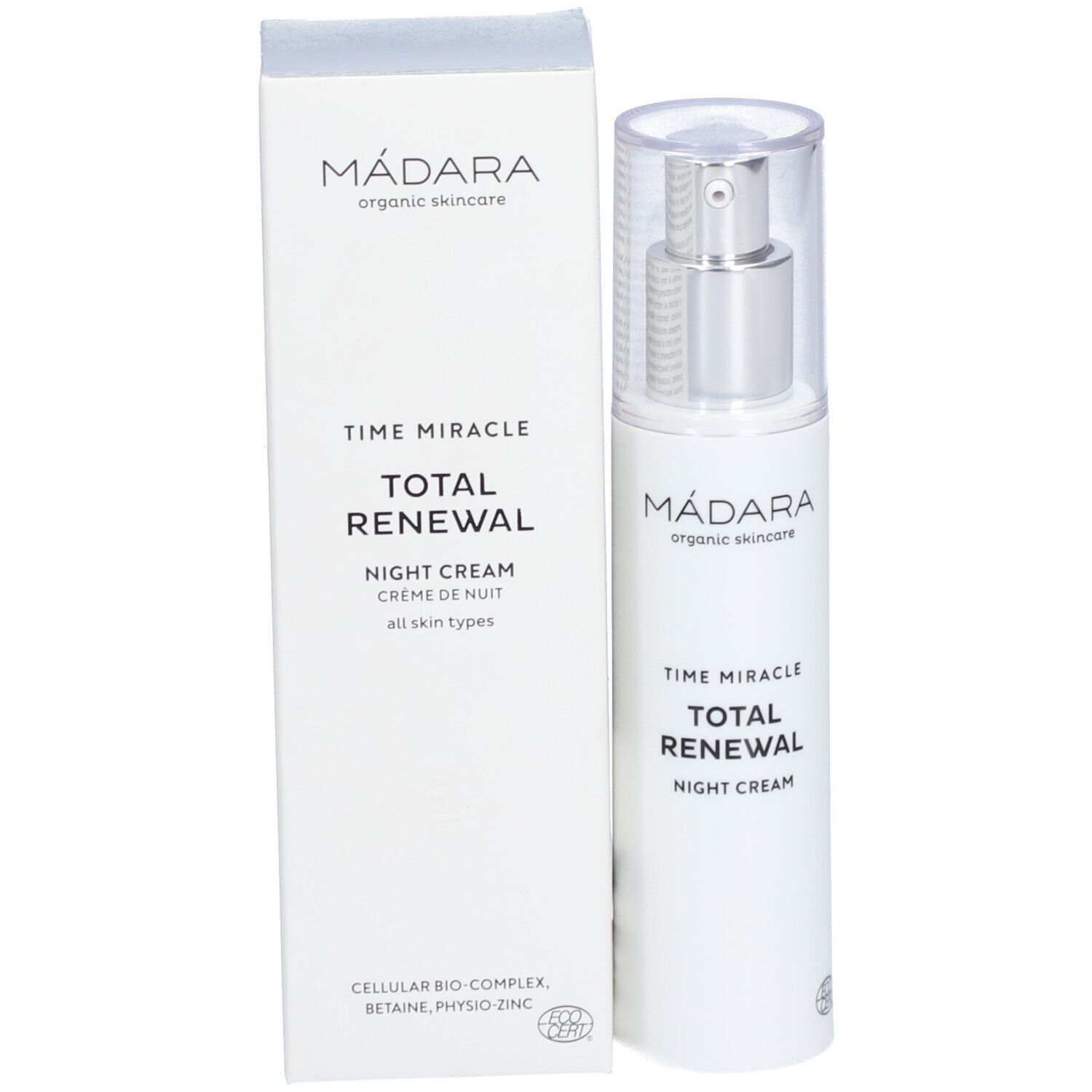 Productverpakking met fles. Witte fles met zilveren pomp en doos. Opschrift: Mádara, TIME MIRACLE, NIGHT CREAM.