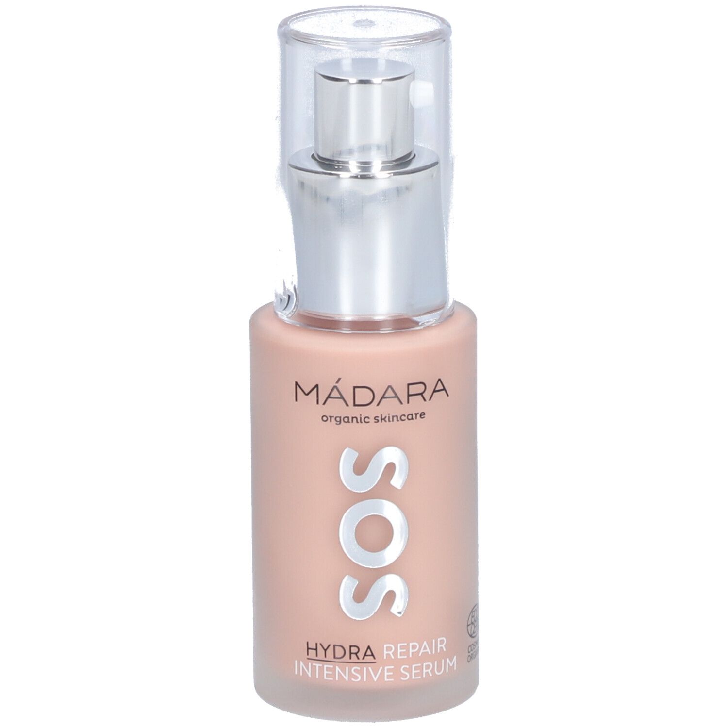 Serumfles met pomp. Opschrift: MÁDARA, SOS, HYDRA REPAIR INTENSIVE SERUM. Met bio-certificering.