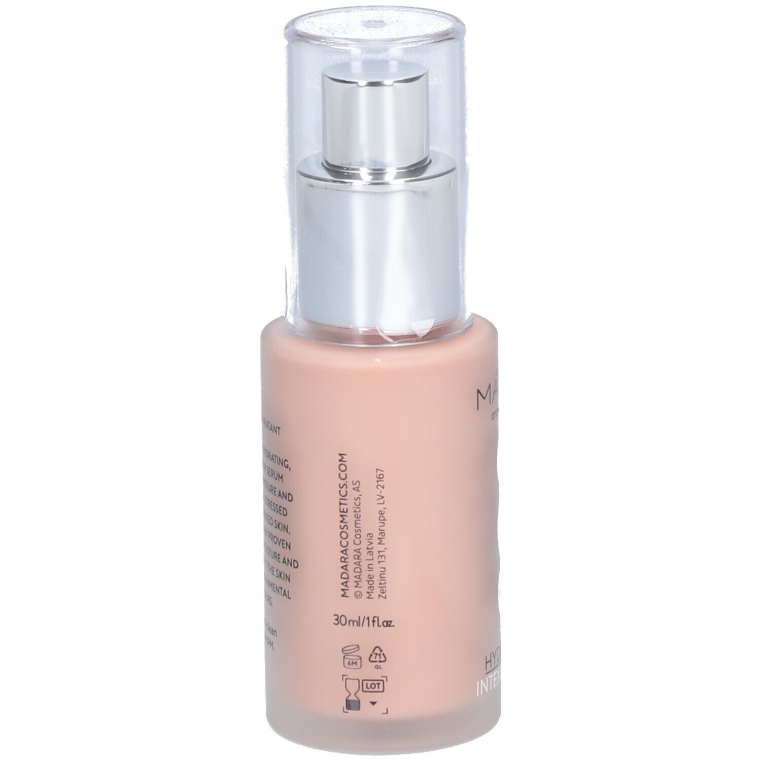 Achterkant van de serumfles. Opschrift: MÁDARA COSMETICS, 30ml/1 fl.oz. Met verschillende symbolen en tekst.
