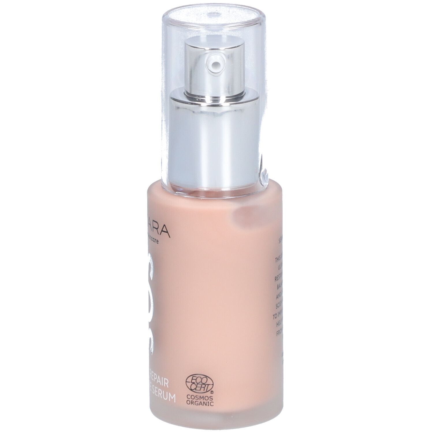 Serumfles met pomp. Opschrift: MÁDARA, SOS, HYDRA REPAIR INTENSIVE SERUM. Met bio-certificering.