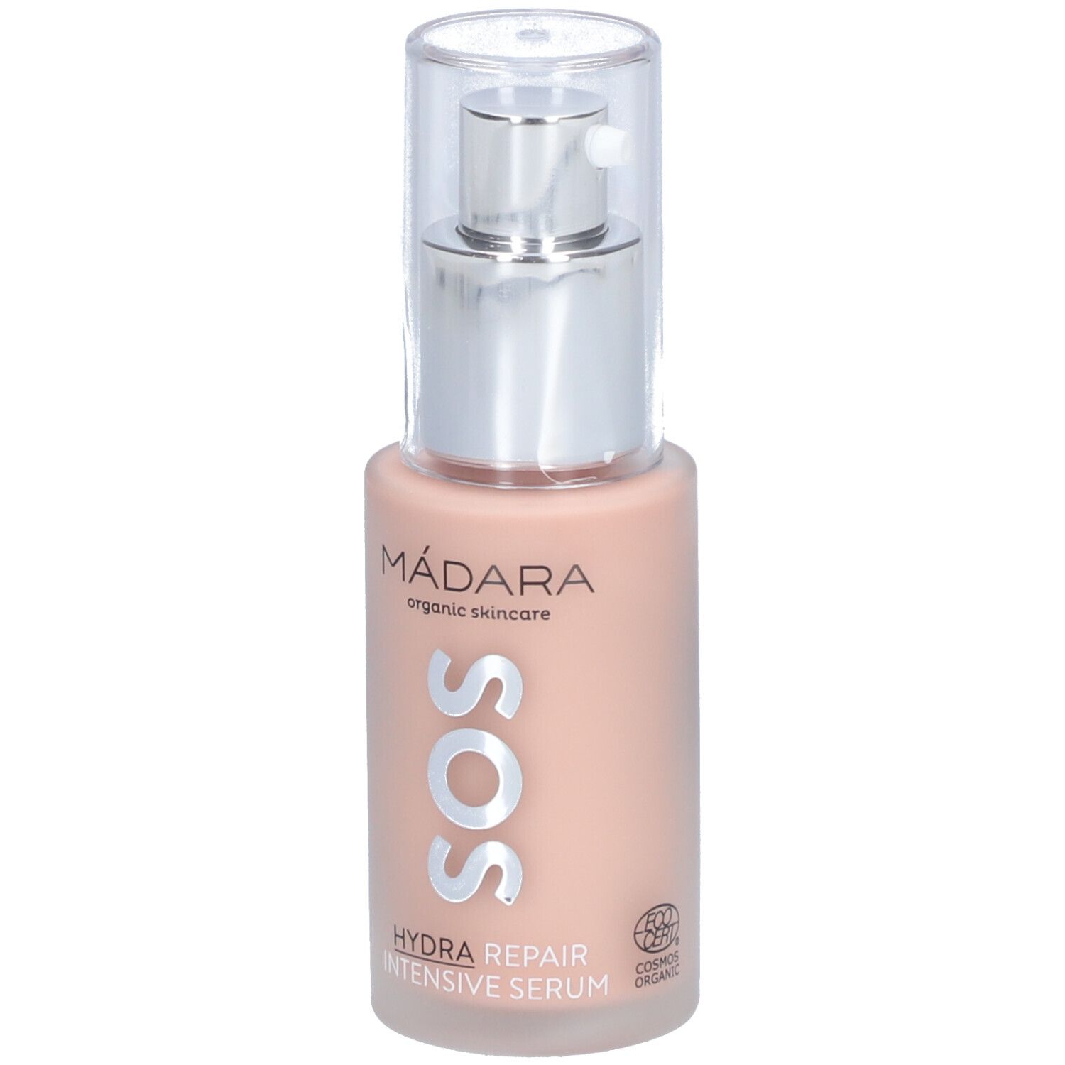 Serumfles met pomp. Opschrift: MÁDARA, SOS, HYDRA REPAIR INTENSIVE SERUM. Met bio-certificering.