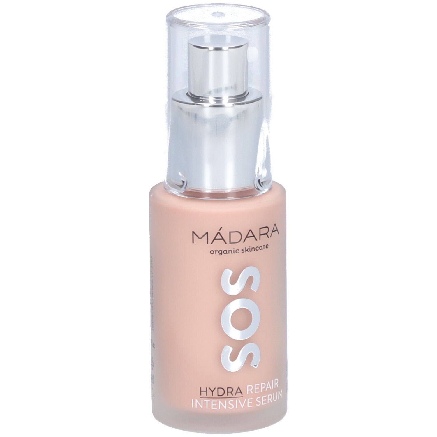 Serumfles met pomp. Opschrift: MÁDARA, SOS, HYDRA REPAIR INTENSIVE SERUM. Met bio-certificering.