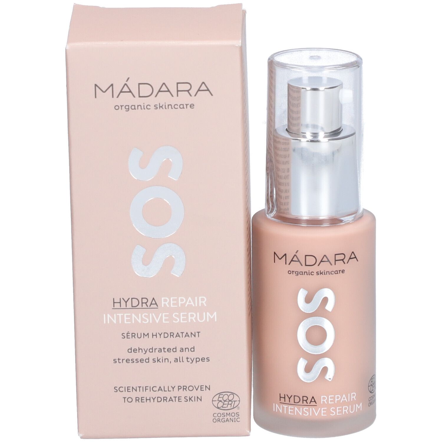 Productverpakking en serumfles. Opschrift: MÁDARA, SOS, HYDRA REPAIR INTENSIVE SERUM. Met bio-certificering.
