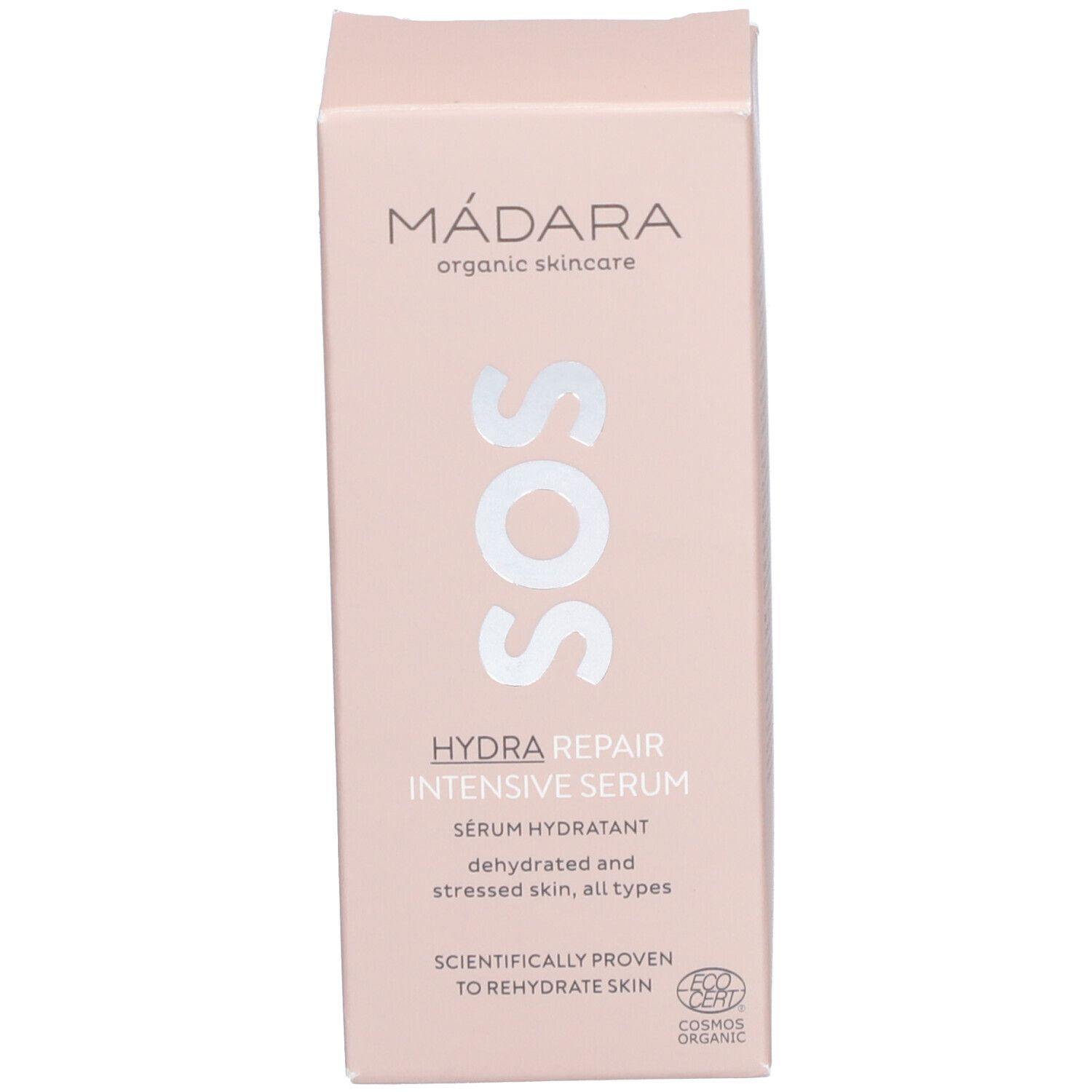 Productverpakking. Opschrift: MÁDARA, SOS, HYDRA REPAIR INTENSIVE SERUM. Met bio-certificering.