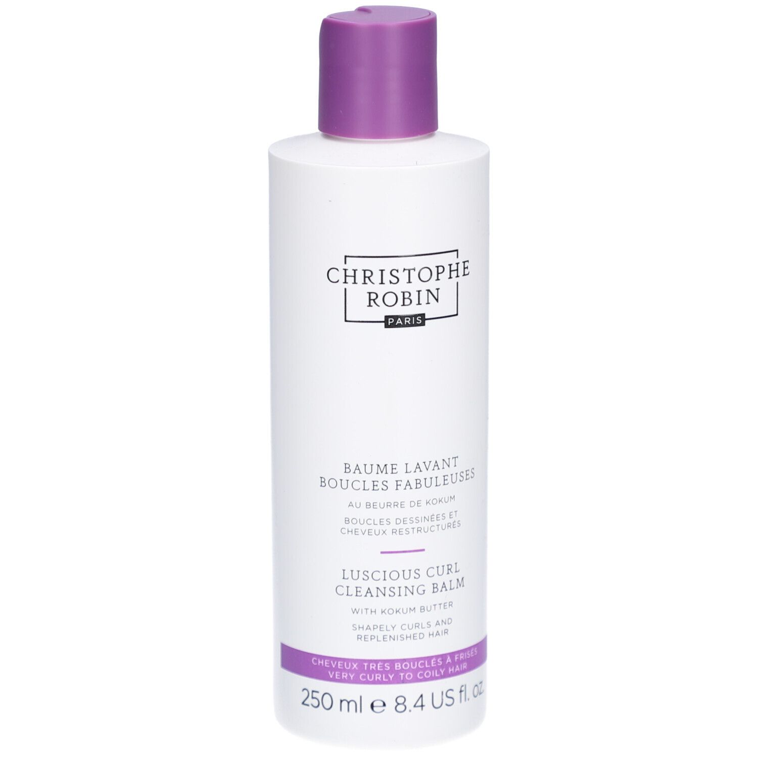 Bouteille blanche avec bouchon violet, Baume Lavant pour Boucles Christophe Robin.