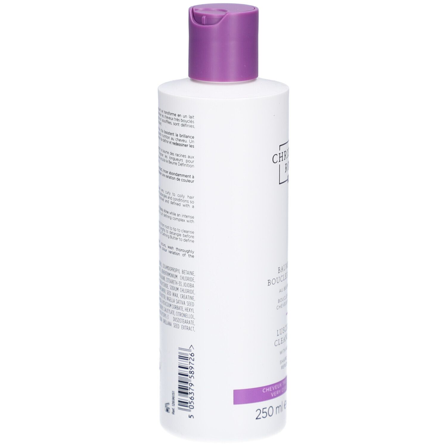 Arrière d'une bouteille blanche avec bouchon violet, Baume Lavant pour Boucles Christophe Robin.