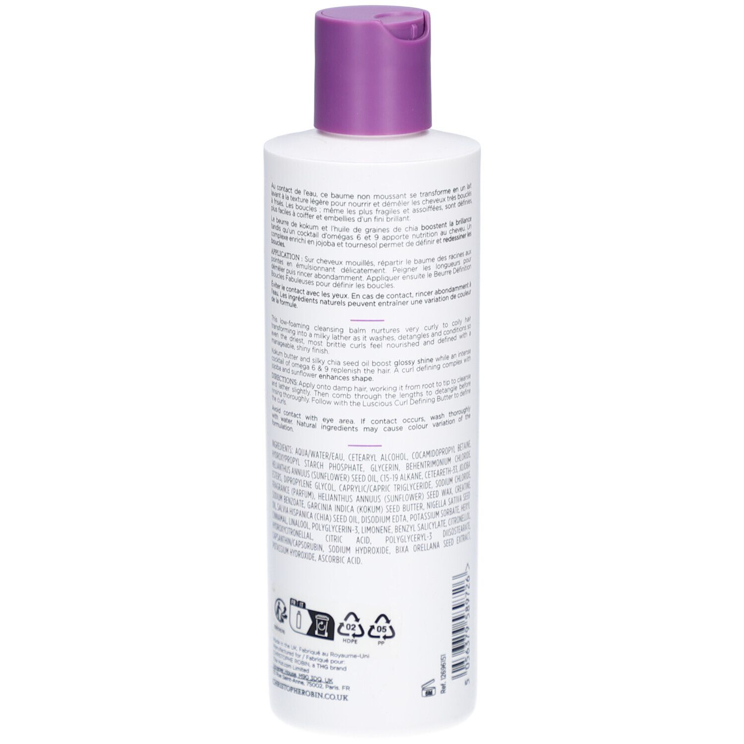 Arrière d'une bouteille blanche avec bouchon violet, Baume Lavant pour Boucles Christophe Robin.