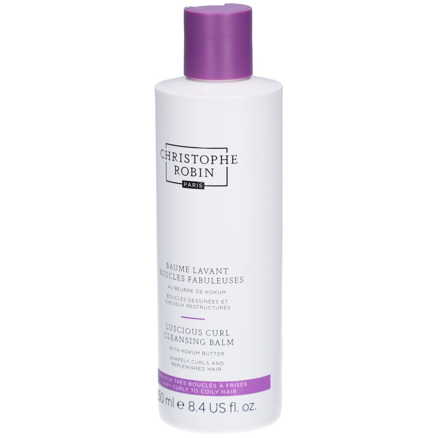 Bouteille blanche avec bouchon violet, Baume Lavant pour Boucles Christophe Robin.