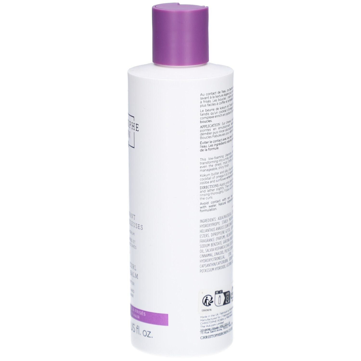 Arrière d'une bouteille blanche avec bouchon violet, Baume Lavant pour Boucles Christophe Robin.