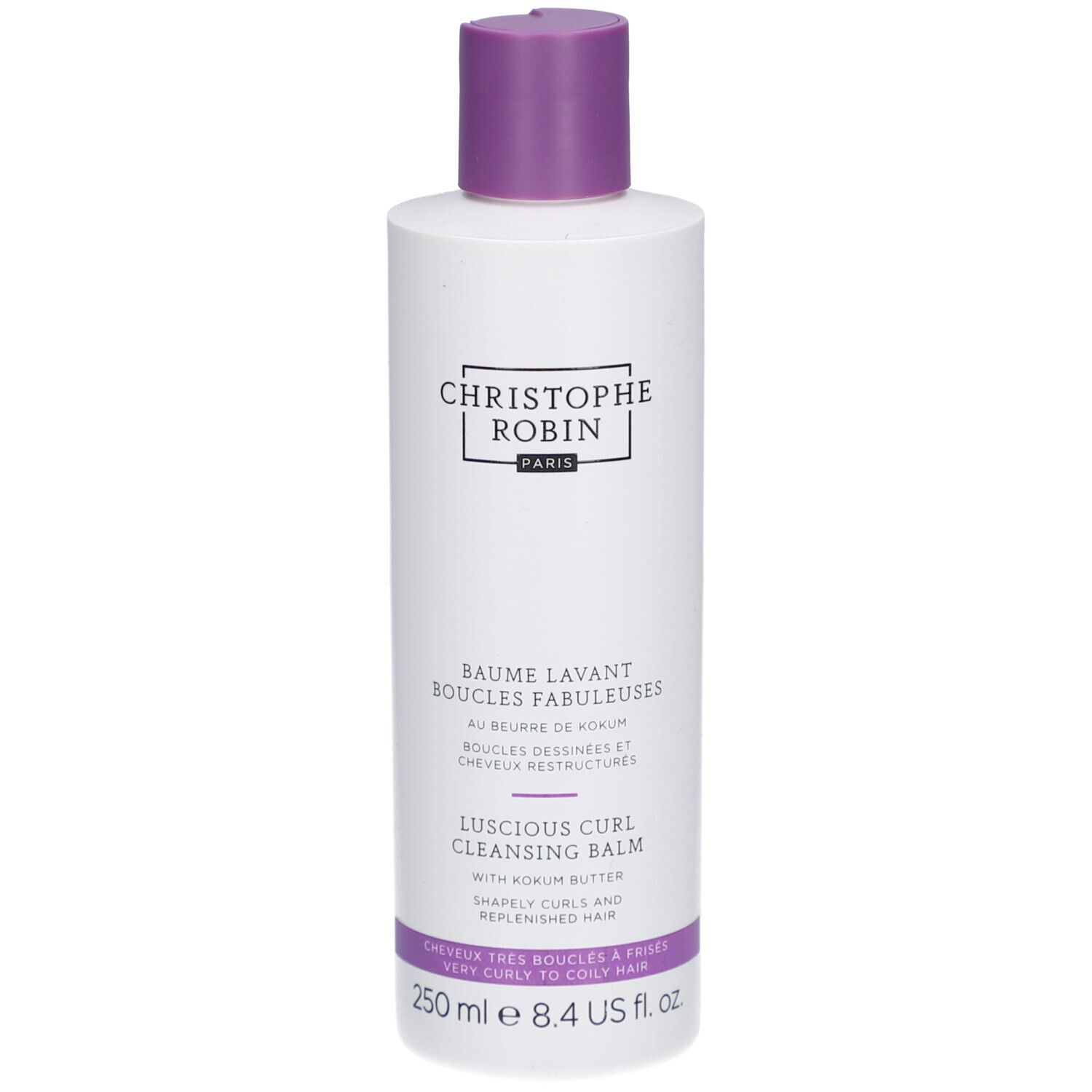Bouteille blanche avec bouchon violet, Baume Lavant pour Boucles Christophe Robin.