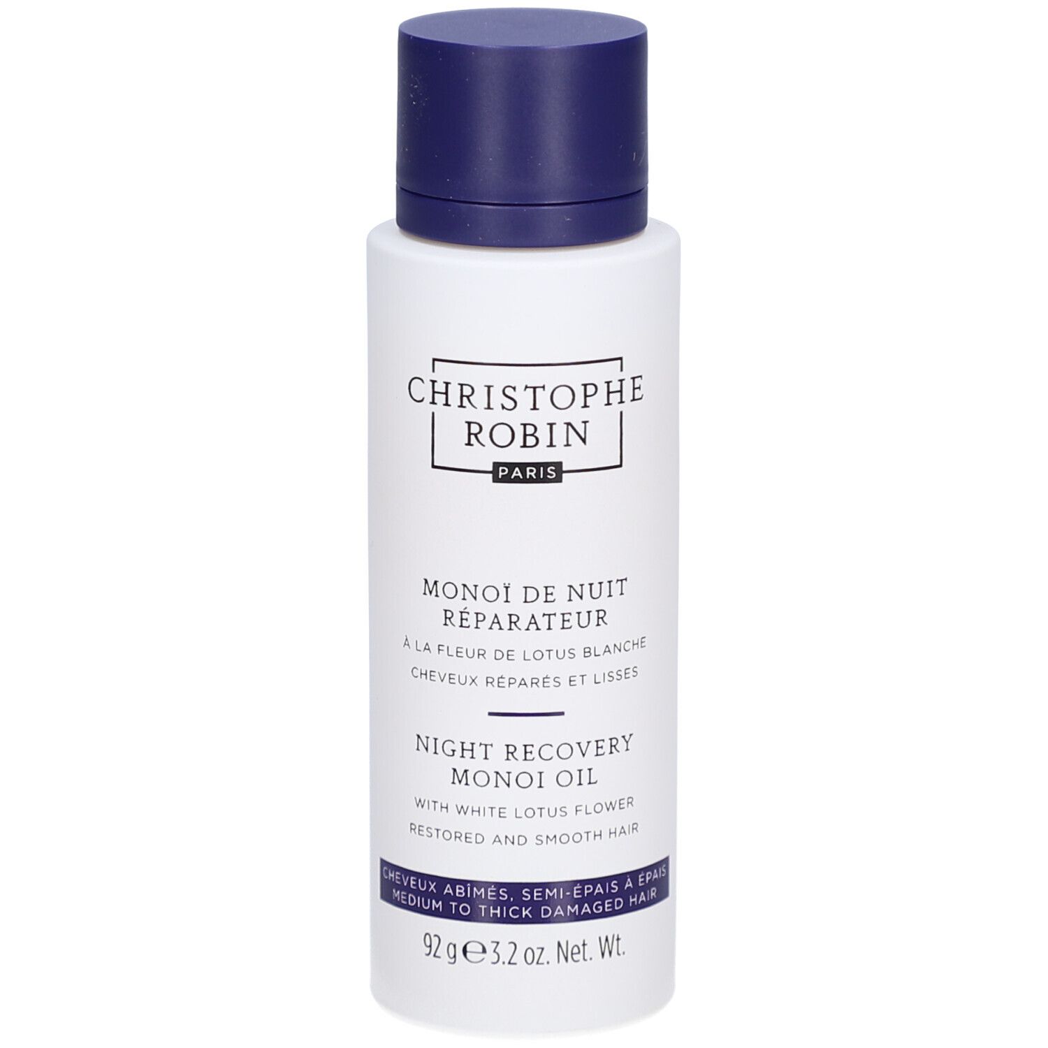 Flacon blanc, bouchon bleu. Inscription: CHRISTOPHE ROBIN PARIS. Texte: MONOI DE NUIT RÉPARATEUR, NIGHT RECOVERY MONOI OIL.