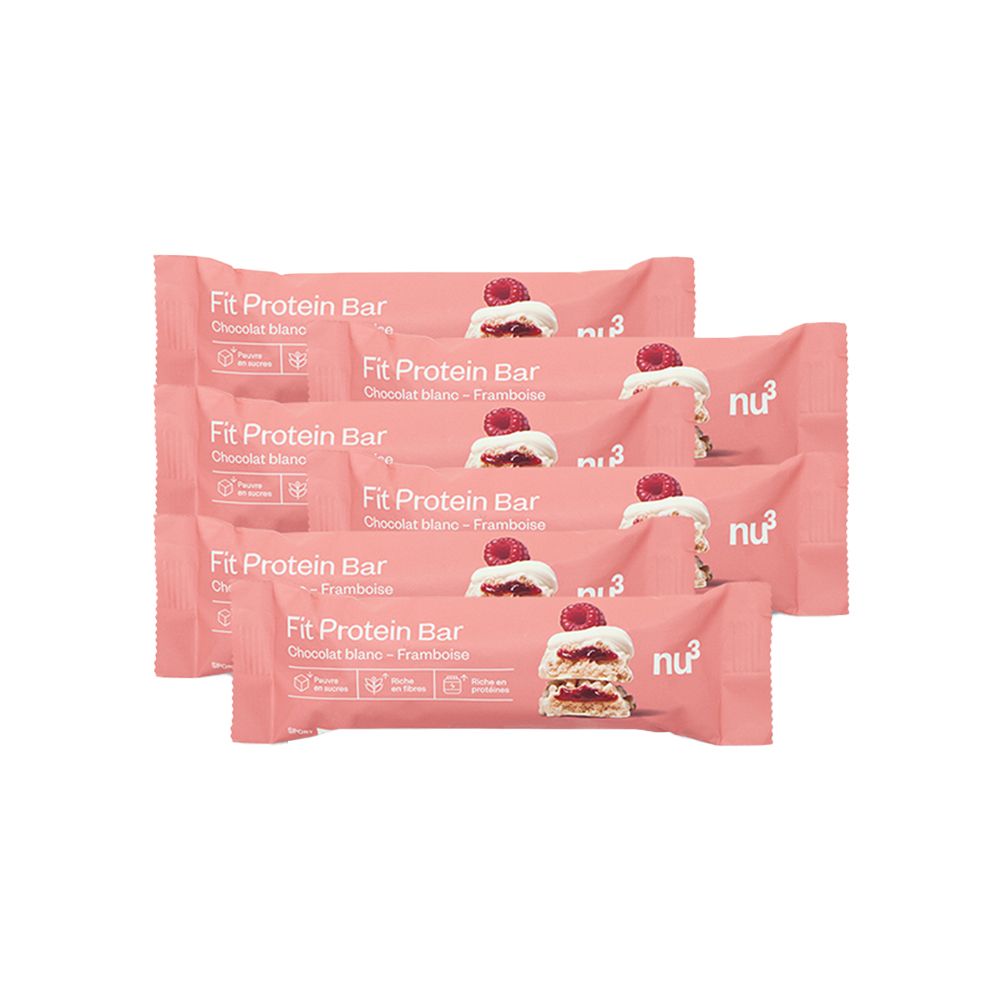 Zes eiwitrepen in roze verpakking, met framboos en witte chocolade. Opschrift: Fit Protein Bar.