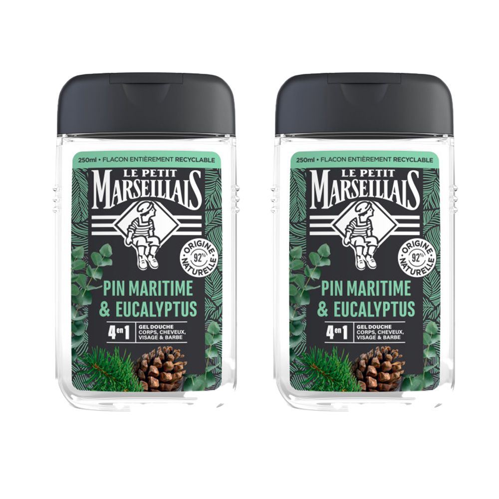 Deux flacons transparents avec bouchon noir. Étiquettes avec "Le Petit Marseillais", "Pin Maritime & Eucalyptus".