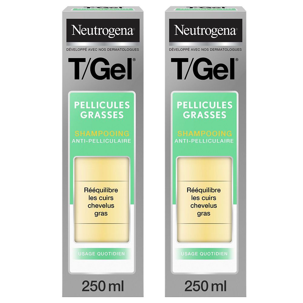 Twee verpakkingen shampoo. Opschrift: Neutrogena T/Gel, tegen vette roos. Flessen van 250 ml.