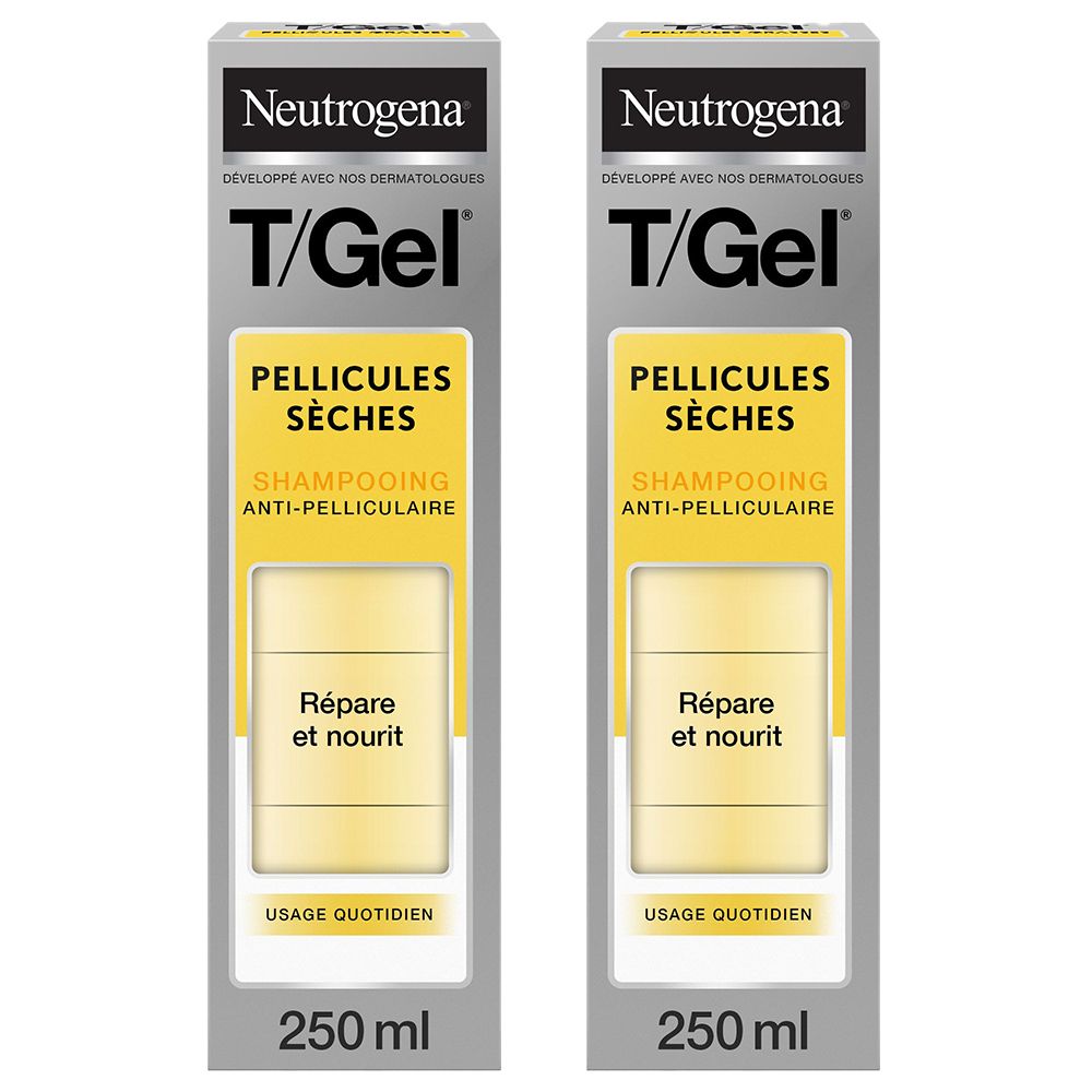 Deux boîtes de shampooing Neutrogena T/Gel pour pellicules sèches. Emballage jaune et gris avec informations et marque.