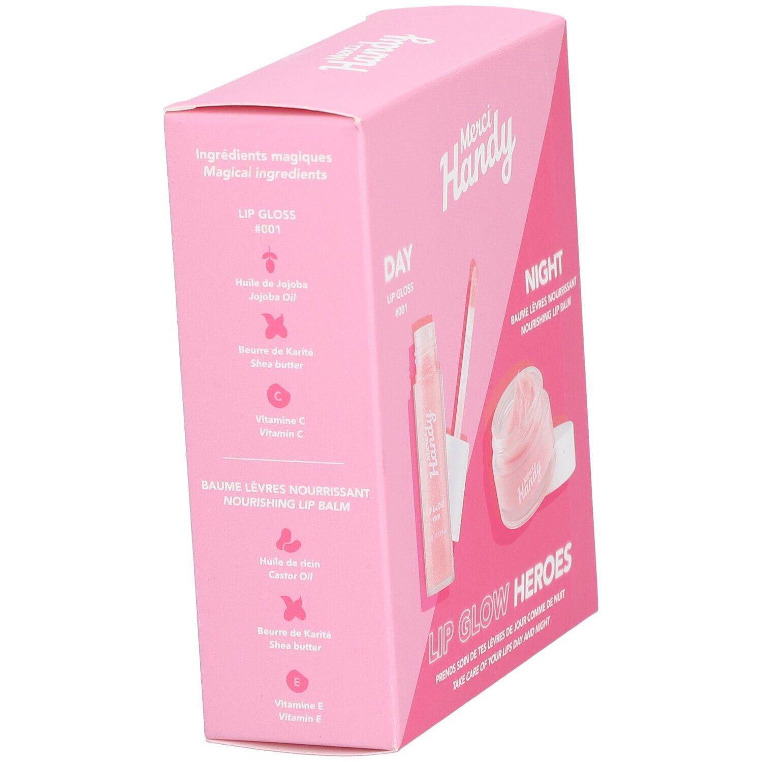 Boîte rose avec liste d'ingrédients. Gloss et baume. Marque Merci Handy. Inscription "Lip Glow Heroes".