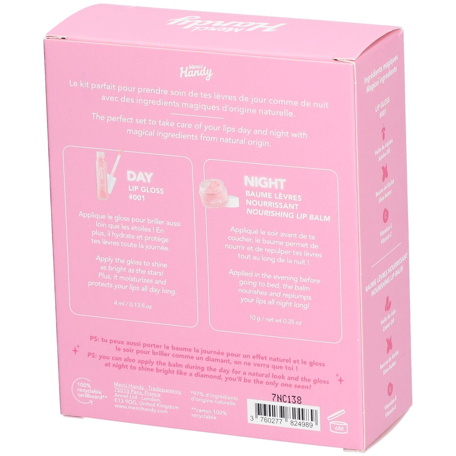 Boîte rose avec texte. Gloss et baume. Marque Merci Handy. Inscription "Lip Glow Heroes". Instructions d'utilisation.