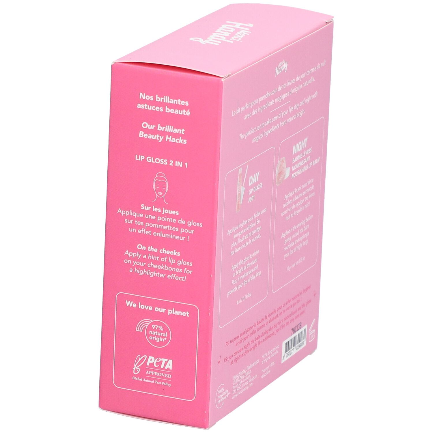 Boîte rose avec texte. Gloss et baume. Marque Merci Handy. Inscription "Lip Glow Heroes". Logo PETA.