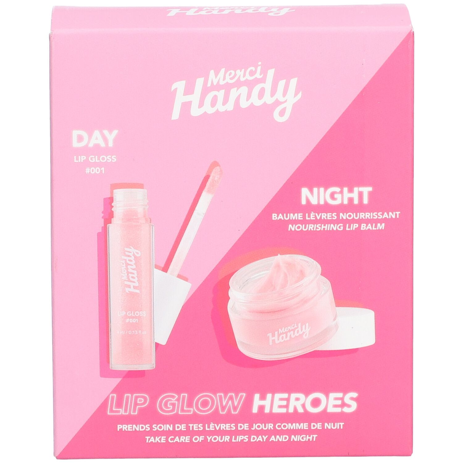 Boîte rose avec deux produits pour les lèvres : gloss et baume. Marque Merci Handy, inscription "Lip Glow Heroes".