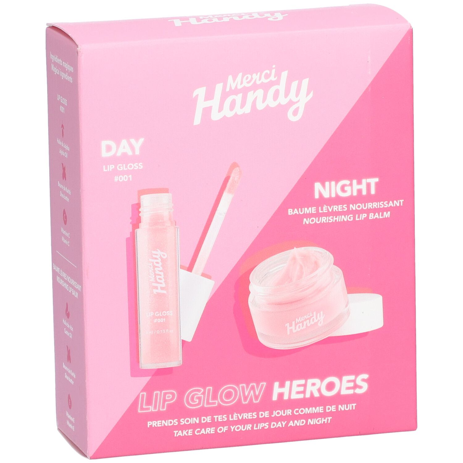Boîte rose avec deux produits pour les lèvres : gloss et baume. Marque Merci Handy, inscription "Lip Glow Heroes".
