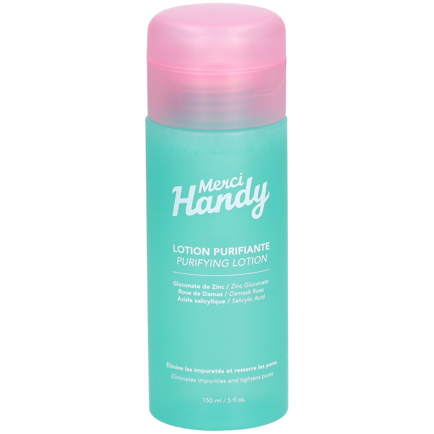 Turquoise fles met roze dop. Opschrift: Merci Handy, Lotion Purifiante. Bevat zink, Damaskroos en salicylzuur.