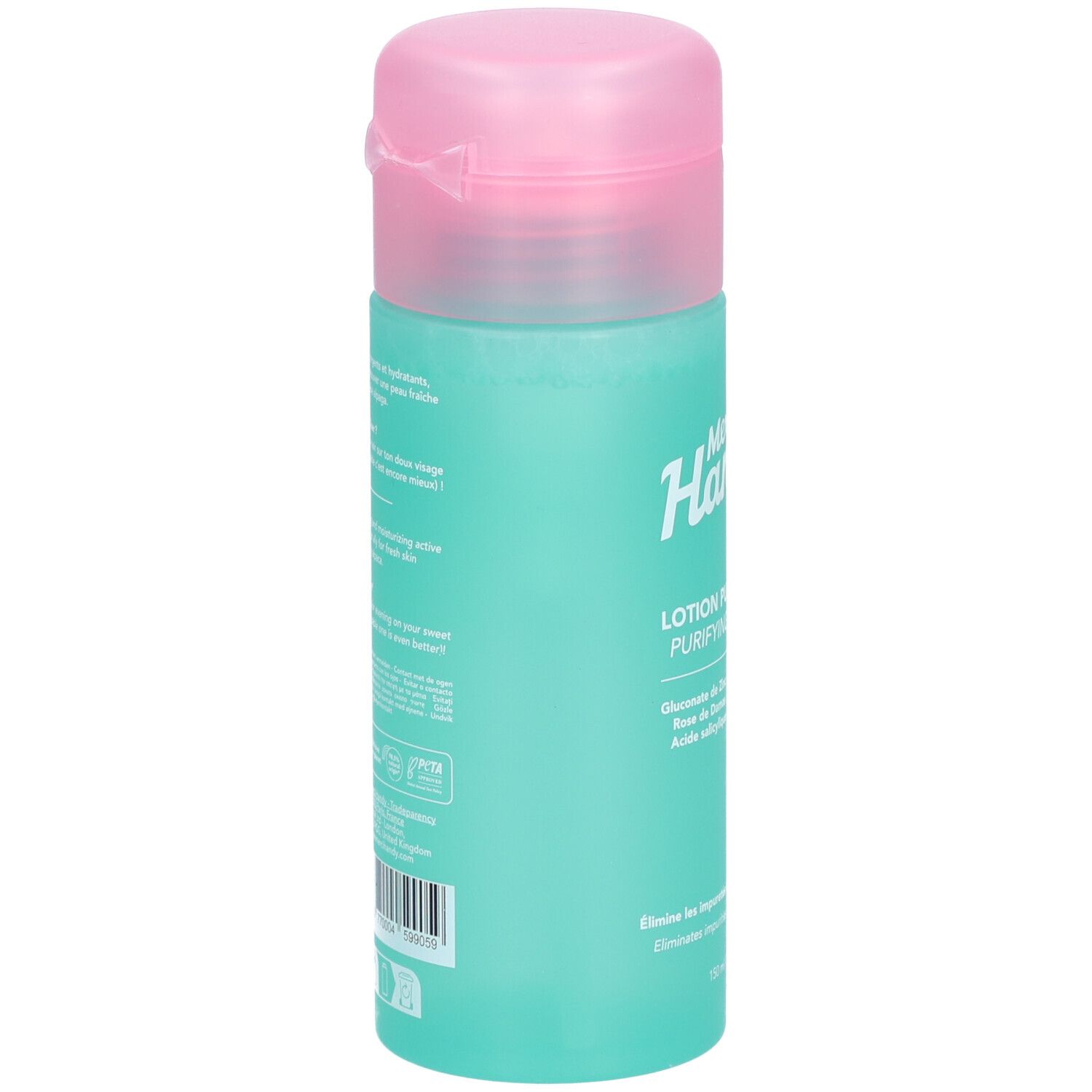 Turquoise fles met roze dop. Tekst en barcode op de zijkant. Productnaam: Merci Handy Lotion Purifiante.