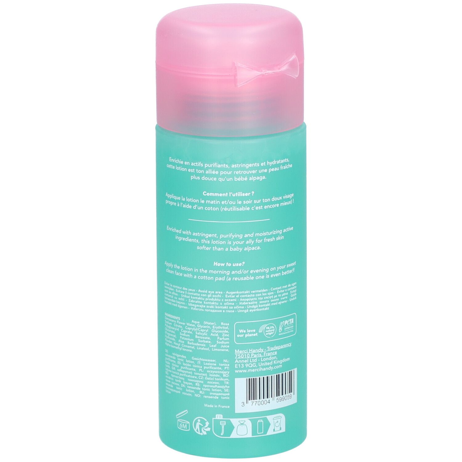 Turquoise fles met roze dop. Achterkant met tekst. Productnaam: Merci Handy Lotion Purifiante. Ingrediënten en gebruiksaanwijzing.