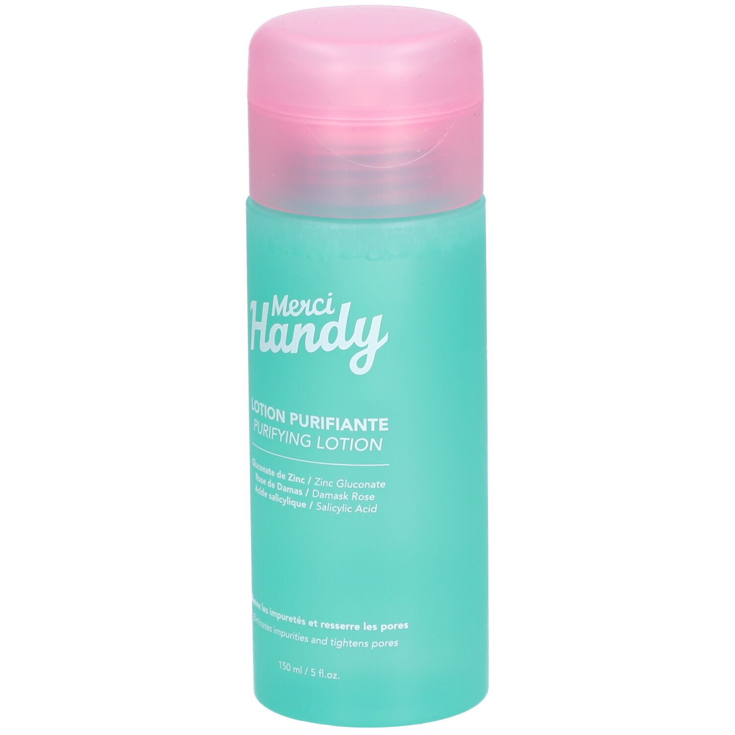Turquoise fles met roze dop. Opschrift: Merci Handy, Lotion Purifiante. Bevat zink, Damaskroos en salicylzuur.