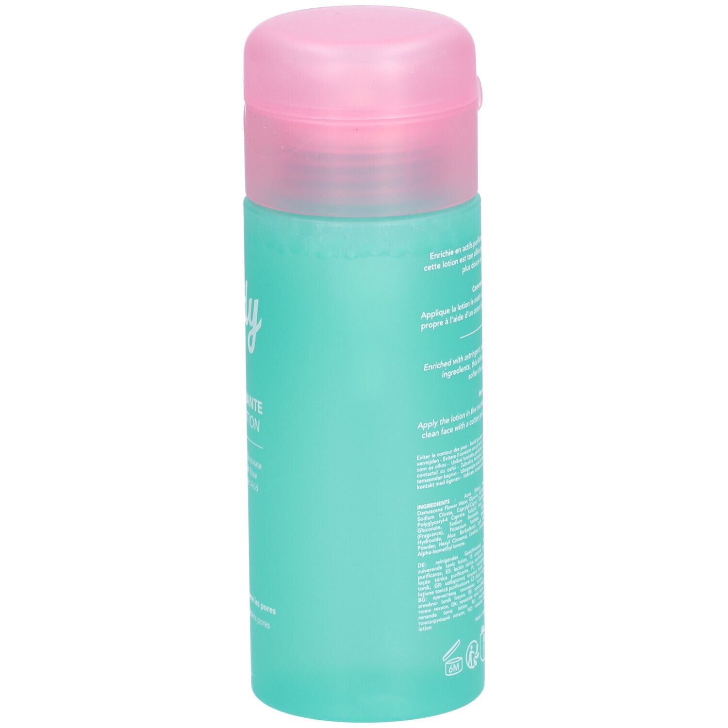 Turquoise fles met roze dop. Tekst op de zijkant. Productnaam: Merci Handy Lotion Purifiante. Ingrediënten en gebruiksaanwijzing.