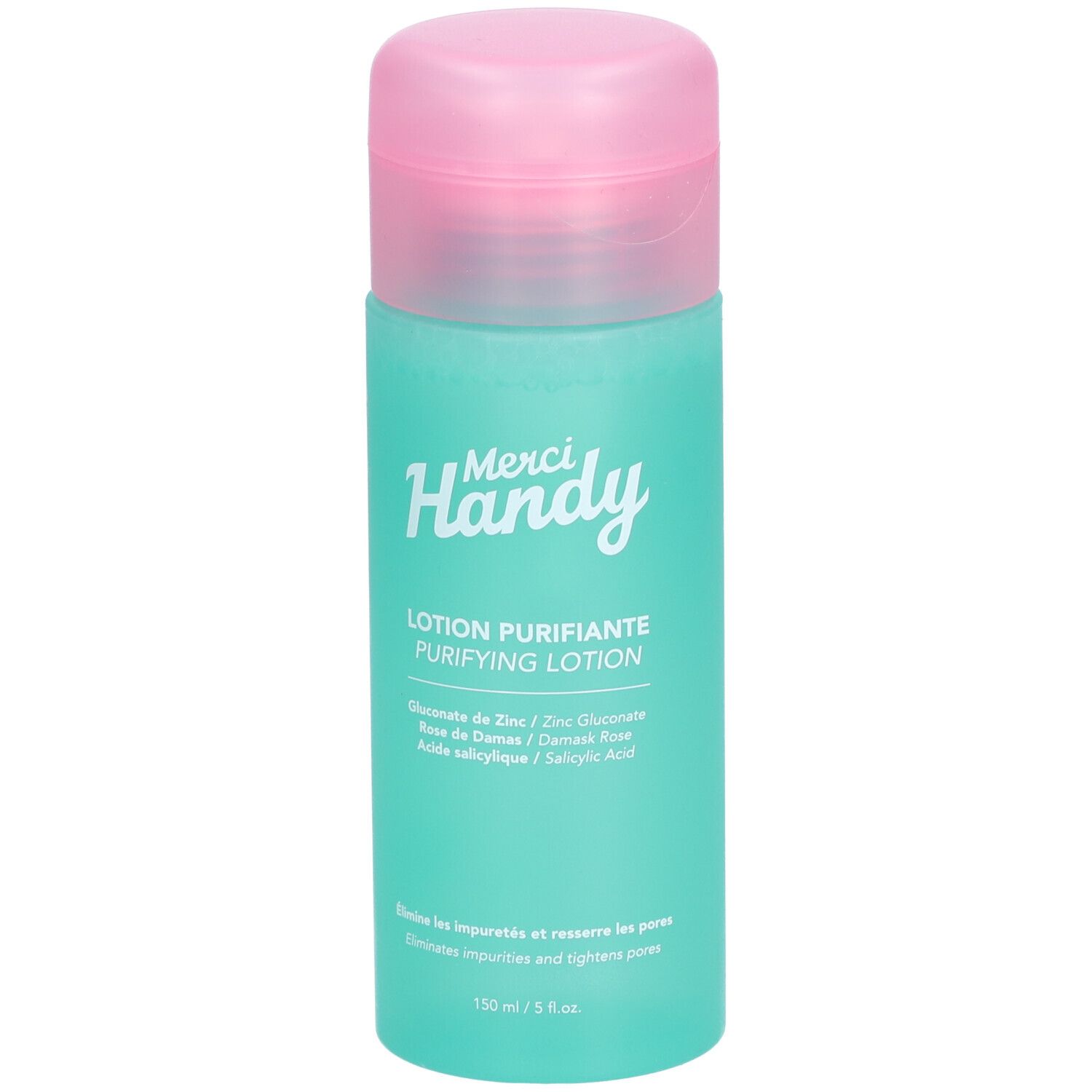 Turquoise fles met roze dop. Opschrift: Merci Handy, Lotion Purifiante. Bevat zink, Damaskroos en salicylzuur.
