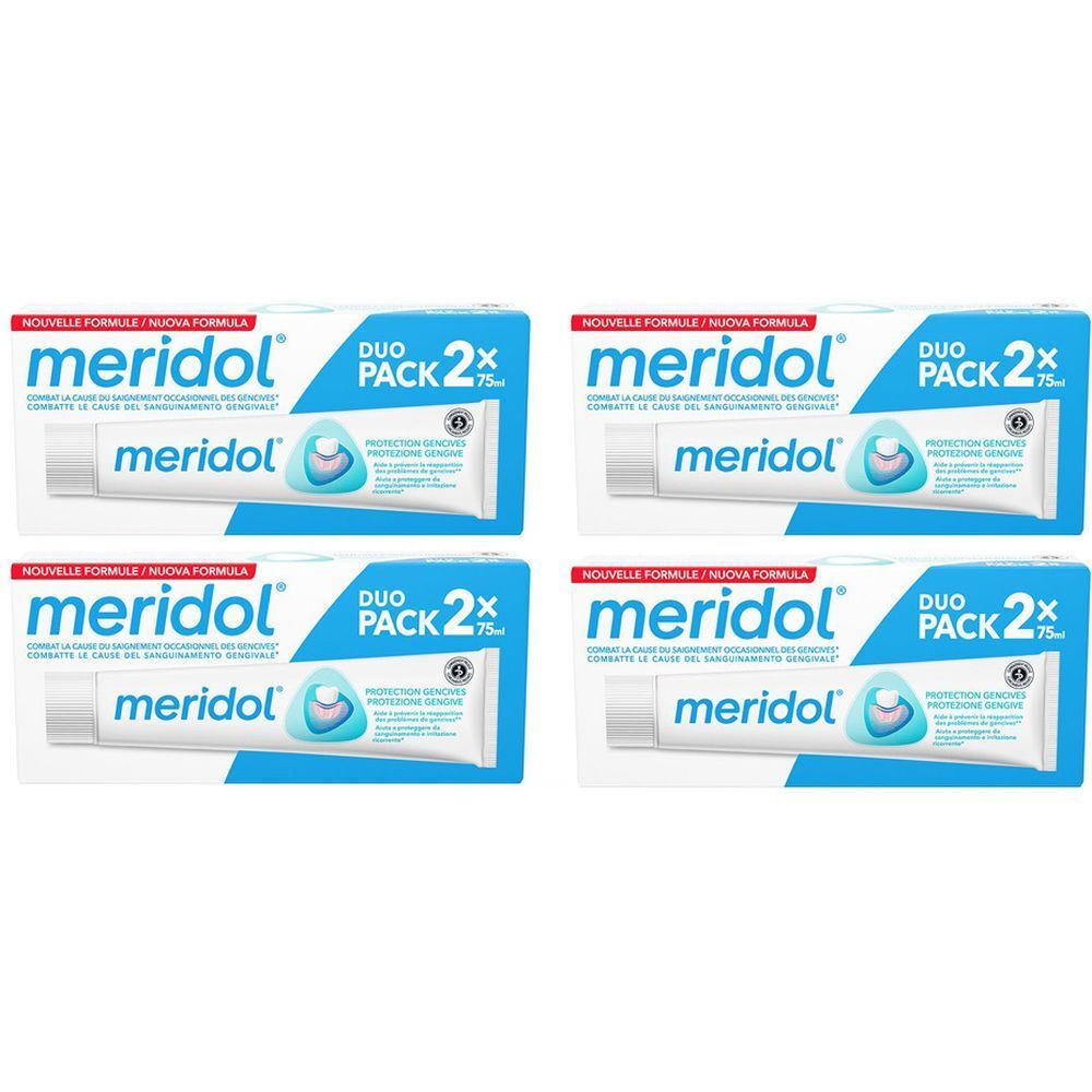 Vier verpakkingen tandpasta. Elke verpakking bevat twee tubes. De woorden "meridol" en "DUO PACK 2x" zijn zichtbaar.