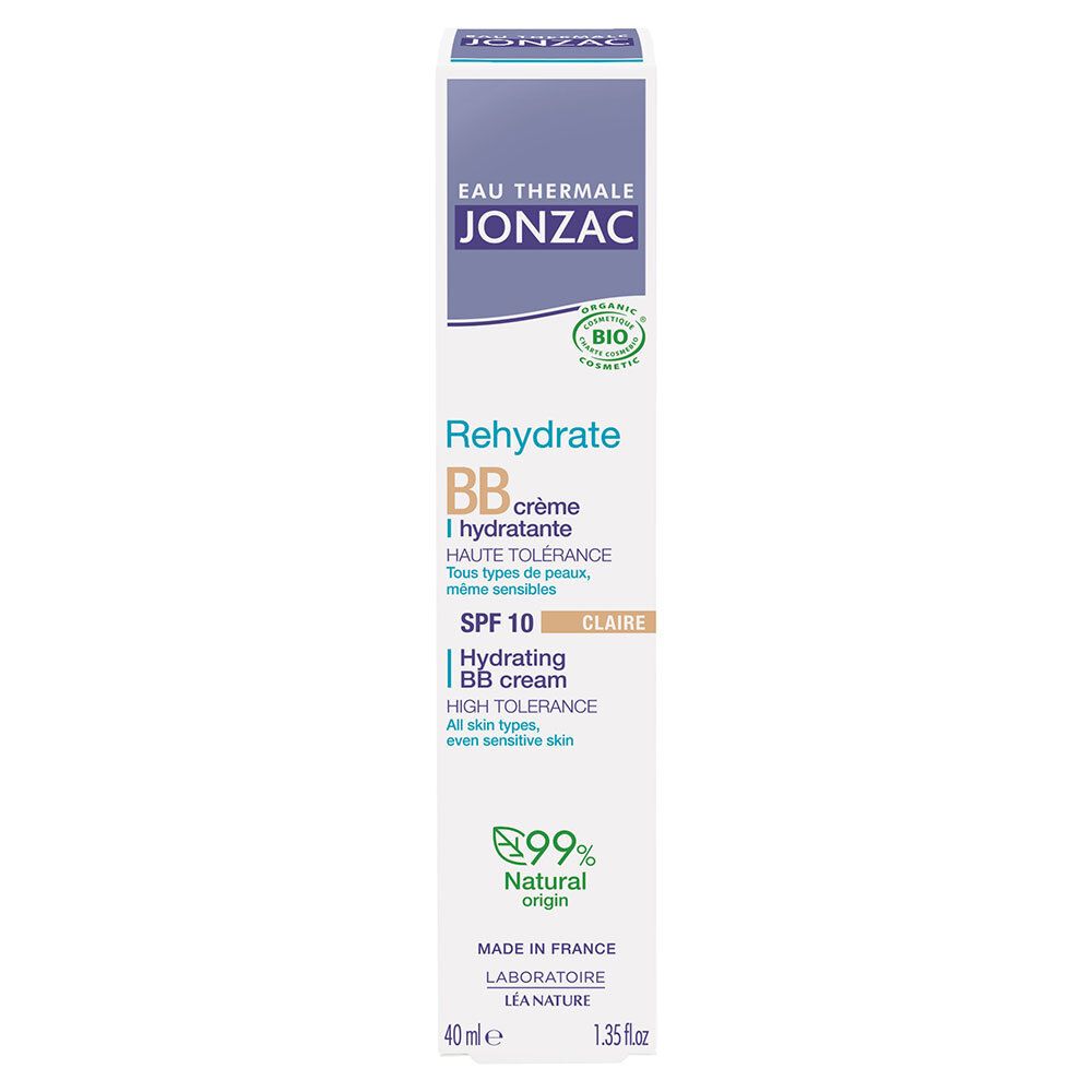 Doos en tube BB crème. Opschrift: Jonzac, Rehydrate, BB crème, SPF 10, Claire. Groen zegel. 40 ml.