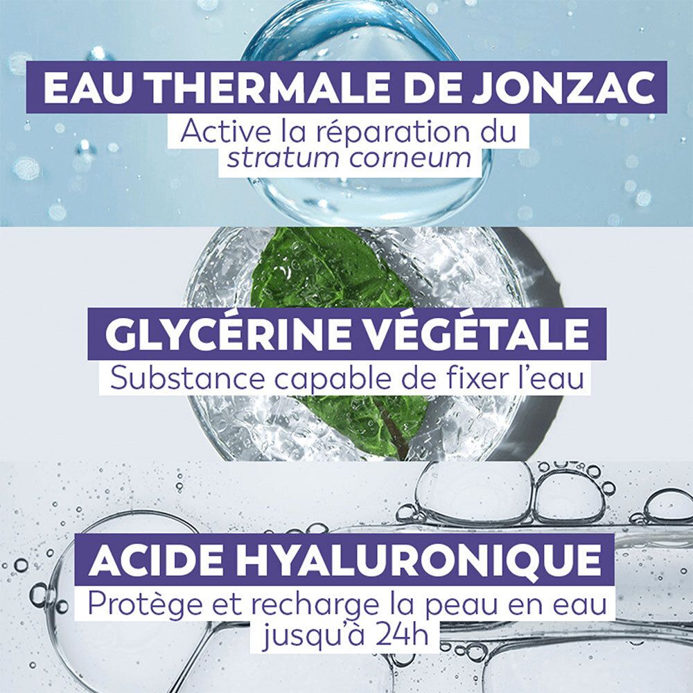 Gros plan sur les ingrédients : Eau thermale, glycérine végétale, acide hyaluronique. Texte et logos.