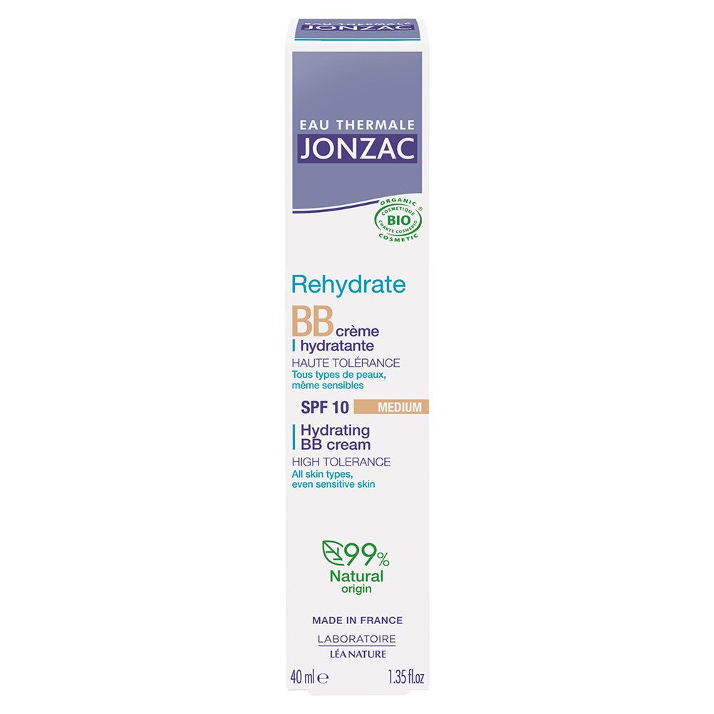 Jonzac REhydrate BB Crème Bio, verpakking. Medium tint. Bevat SPF 10. Voor alle huidtypes, zelfs gevoelig. 40 ml.