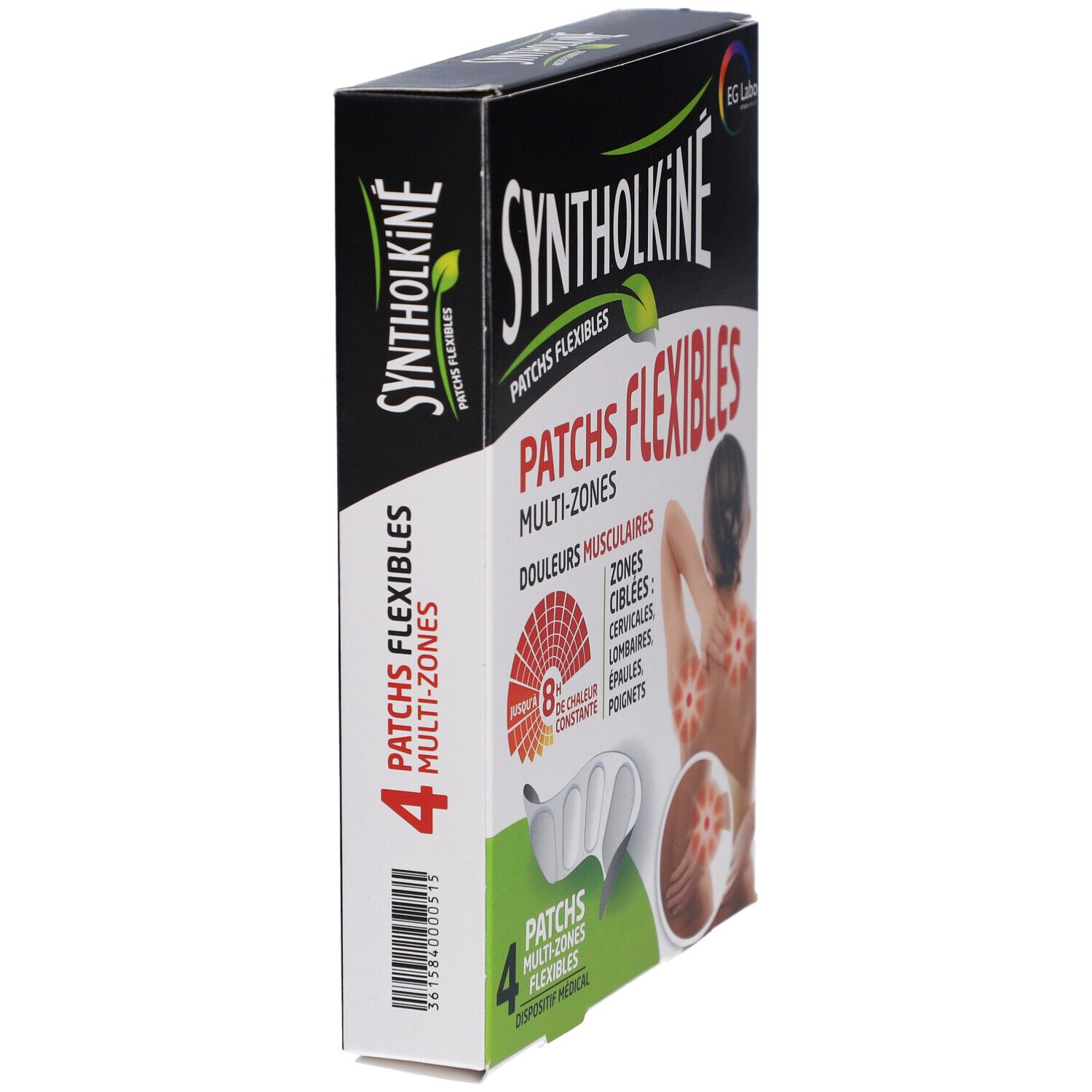 Doosje Syntholkiné patches, zijaanzicht. Opschrift: Patches Flexibles, Multi-Zones. 4 patches. Zwarte en witte verpakking.