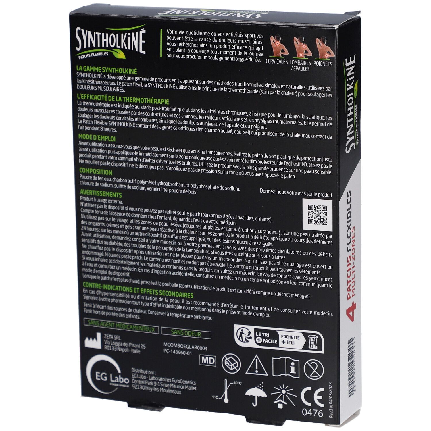 Achterkant van de doos Syntholkiné patches. Franse tekst. Informatie over gebruik, ingrediënten en waarschuwingen.