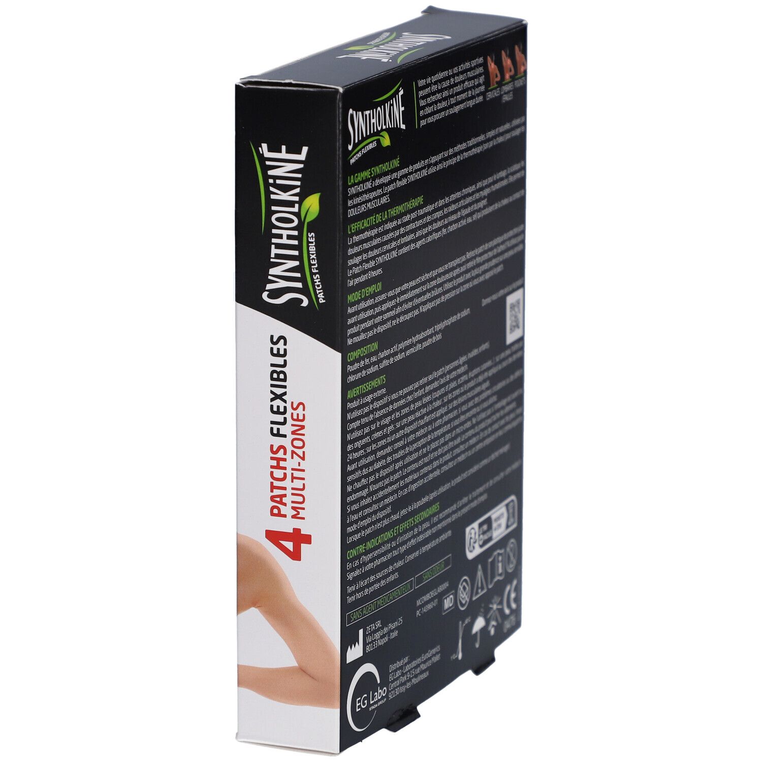 Doosje Syntholkiné patches, zijaanzicht. Franse tekst. Informatie en logo's.