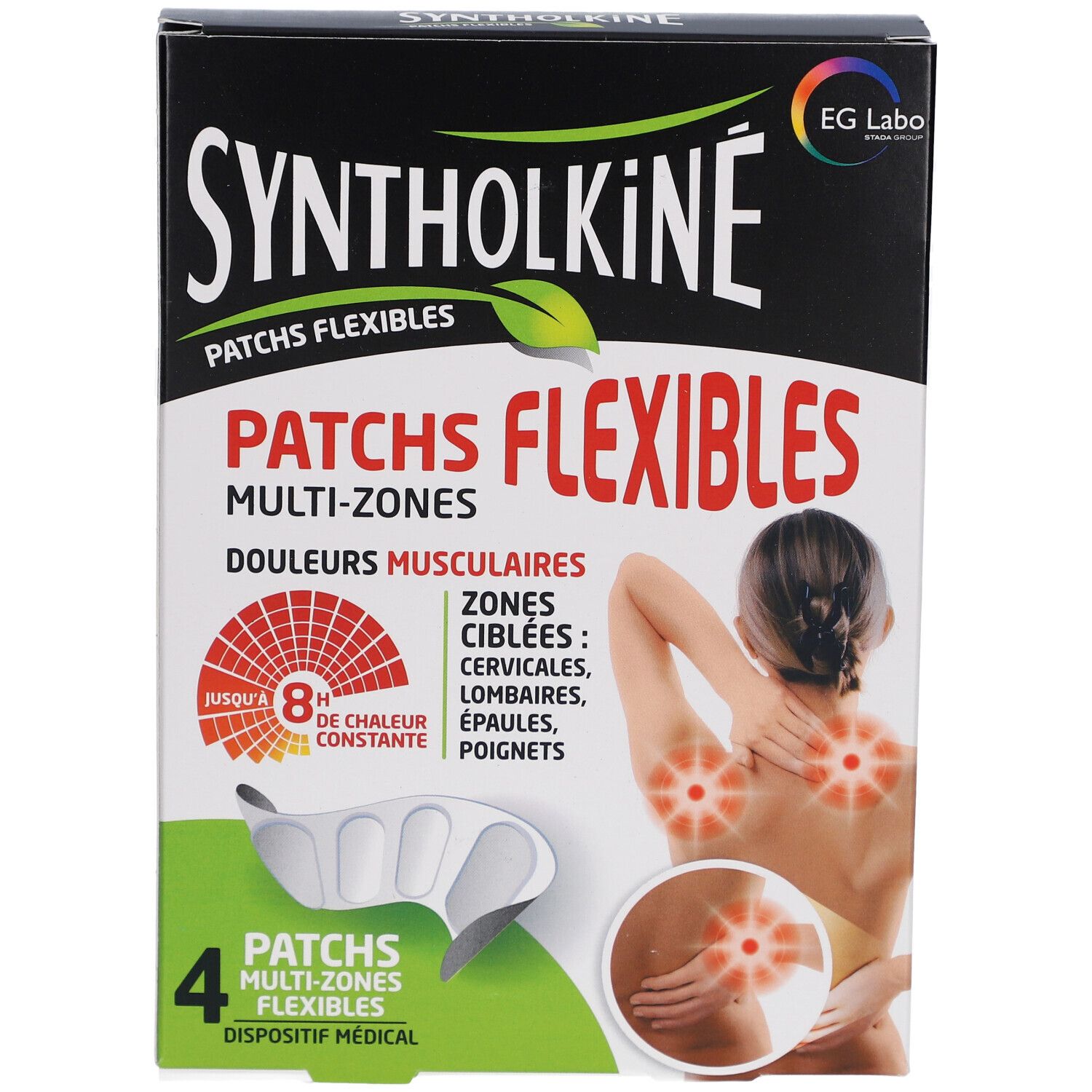 Doosje Syntholkiné patches. Opschrift: Patches Flexibles, Multi-Zones, spierpijn. Illustratie van een vrouw met pijnlijke plekken.