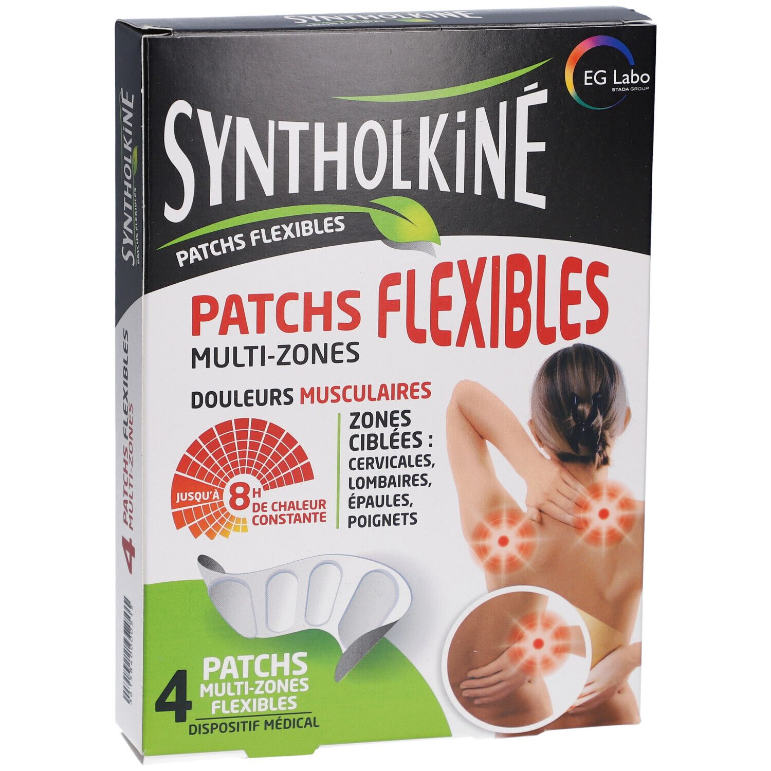 Doosje Syntholkiné patches. Opschrift: Patches Flexibles, Multi-Zones, spierpijn. Illustratie van een vrouw met pijnlijke plekken.