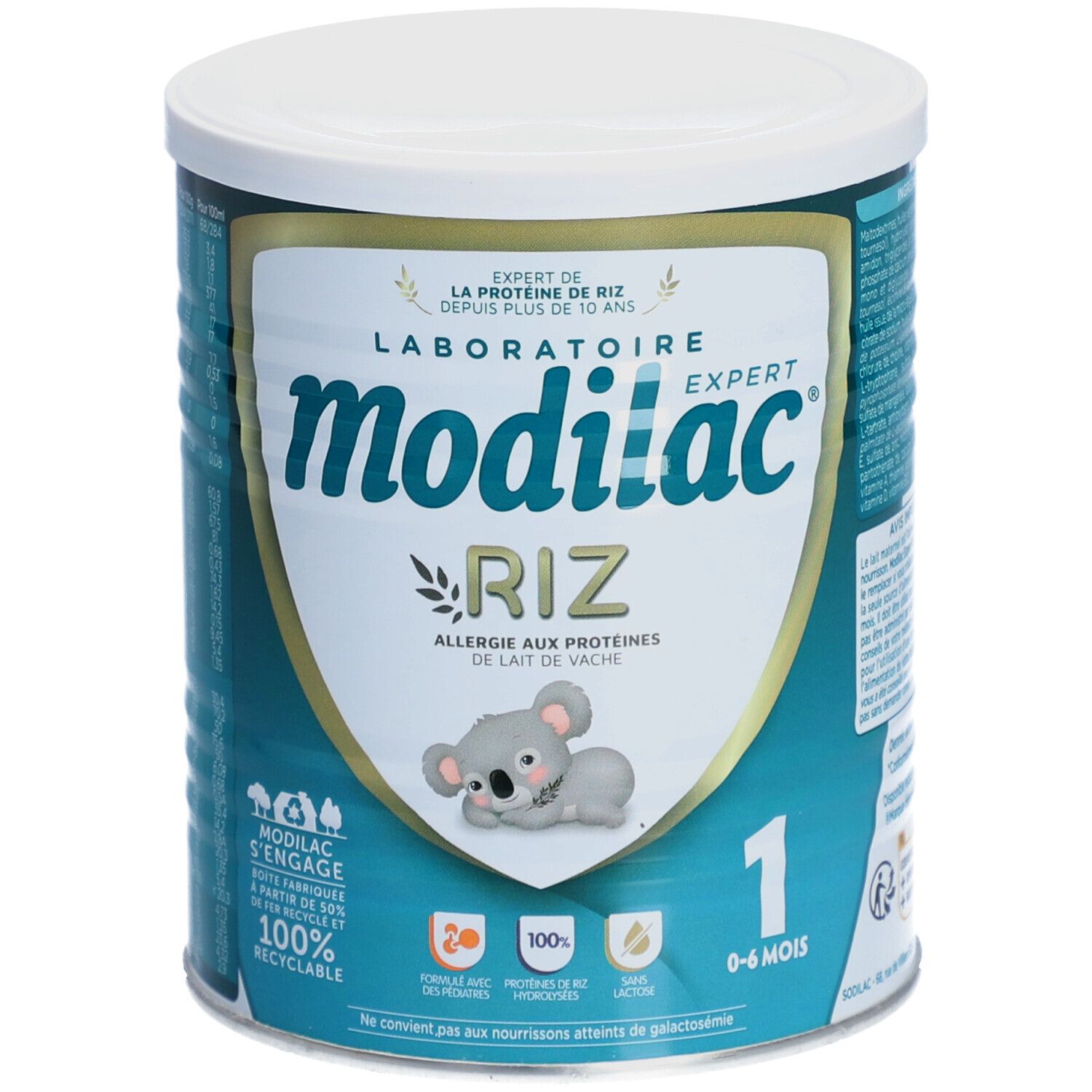 Blik Modilac Expert Riz babyvoeding. Opschrift: 1, 0-6 maanden. Koala-illustratie. 100% recyclebaar.