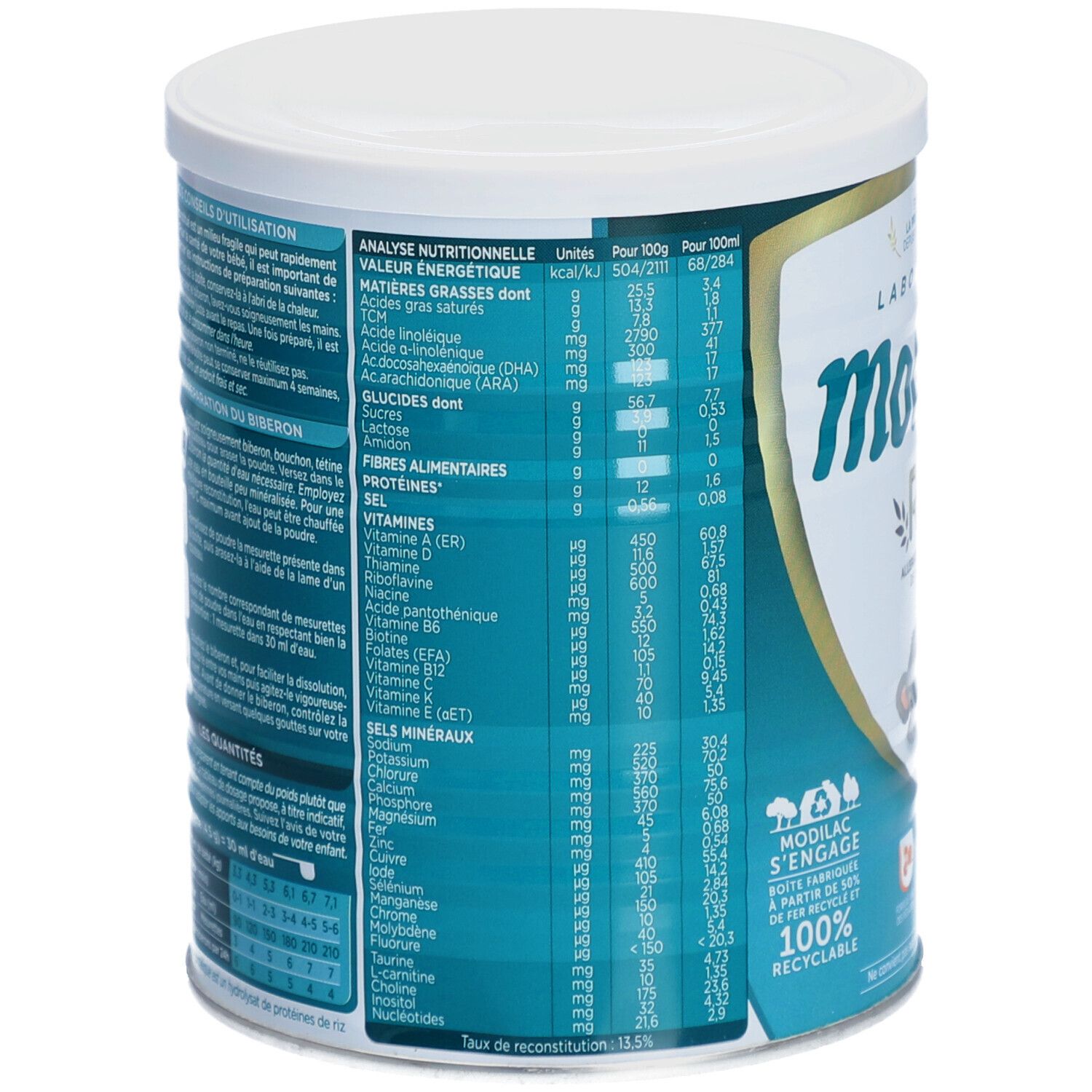 Achterkant van de babyvoeding. Voedingswaardetabel. Ingrediënten. Franse tekst. 100% recyclebaar.